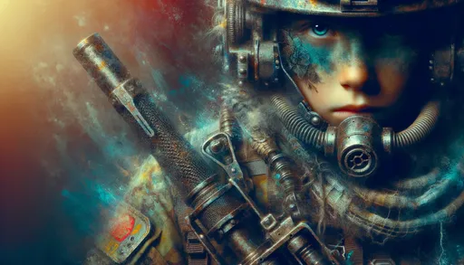 Prompt: An artistic macro photo of a young warrior in a post-apocalyptic world, with a focus on abstract elements and textures that highlight the contrast between innocence and determination. The color palette is chosen to elicit an emotional response, and the gear or weapons have an anachronistic design, captured in wide ratio.