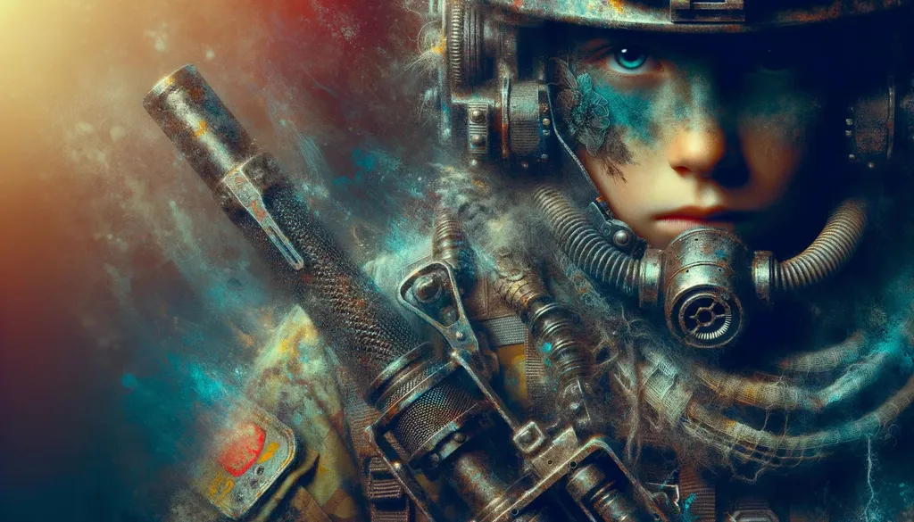 Prompt: An artistic macro photo of a young warrior in a post-apocalyptic world, with a focus on abstract elements and textures that highlight the contrast between innocence and determination. The color palette is chosen to elicit an emotional response, and the gear or weapons have an anachronistic design, captured in wide ratio.
