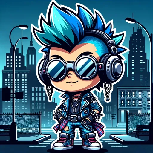 Prompt: The image showcases a chibi-style character with a vibrant blue mohawk, large goggles, and headphones. Dressed in punk-inspired attire, the character stands confidently against an urban graffiti backdrop, filled with silhouettes of city buildings and street elements.