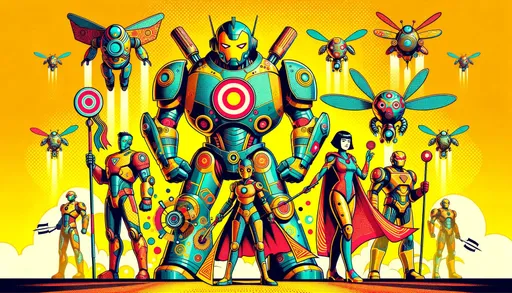 Prompt: The image depicts a vibrant assembly of futuristic characters on a vivid yellow backdrop. Central is a large robot with intricate designs and a bullseye chest emblem. Flanking it are a caped female hero, a smaller robot with a staff, and two hovering creatures with propellers. Bright, playful patterns and graphics add depth to the scene. in wide ratio