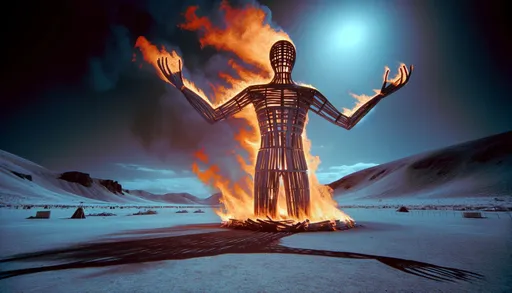 Prompt: infrared photo of a burning man made of wood in wide ratio