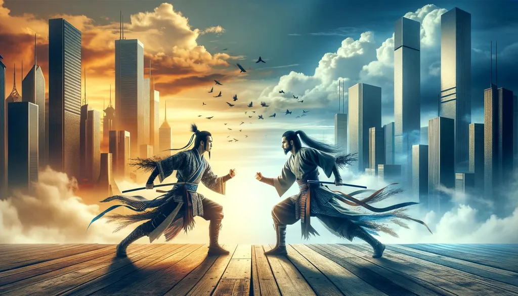 Prompt: Design a face-off scene between two warriors, embodying traditional martial arts aesthetics, set against a modern metropolis, with a hint of nature's beauty in the background. in wide ratio