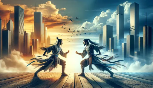 Prompt: Design a face-off scene between two warriors, embodying traditional martial arts aesthetics, set against a modern metropolis, with a hint of nature's beauty in the background. in wide ratio