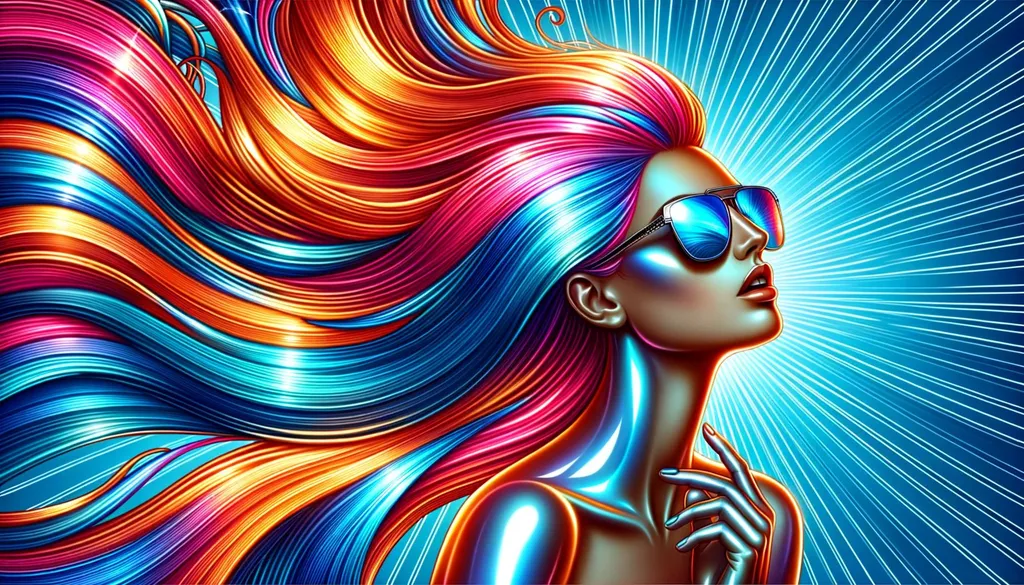Prompt: The image portrays a stylized representation of a woman with flowing, vibrantly colored hair that transitions through a spectrum of colors, from oranges and reds to blues and purples. She wears reflective sunglasses that show a glimpse of a blue sky with white clouds. Her skin exhibits a metallic sheen, and the background bursts forth in radiant blue rays, creating a dynamic and energetic vibe.