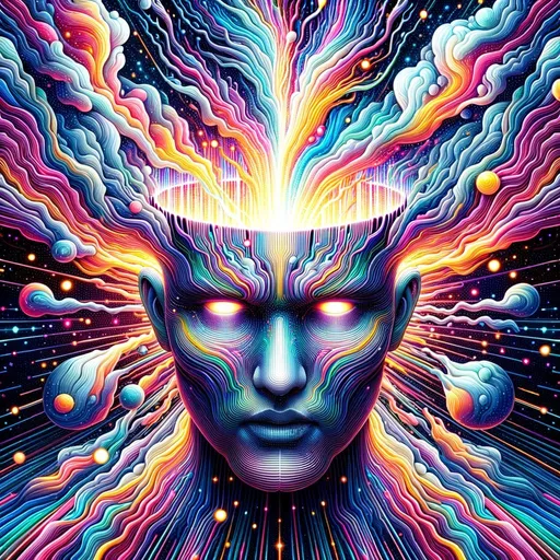 Prompt: an illustration of a face with a glowing effect over his head, in the style of colorful explosions, 8k 3d, psychedelic manga, detailed skies in square ratio