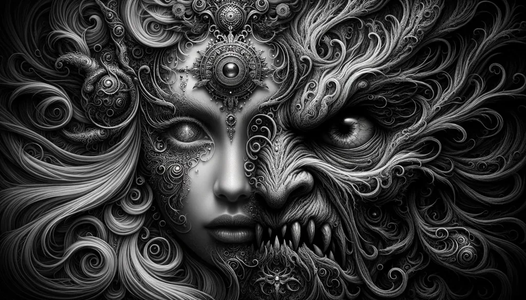 Prompt: The image portrays a mysterious and ethereal female figure adorned with intricate jewelry on her forehead, juxtaposed with an ornately detailed monstrous face with a prominent eye. Dark, swirling patterns blend both entities, creating a haunting yet mesmerizing atmosphere.