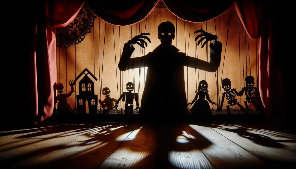 Prompt: shadow puppet master lurking in the shadows of the horror puppet show