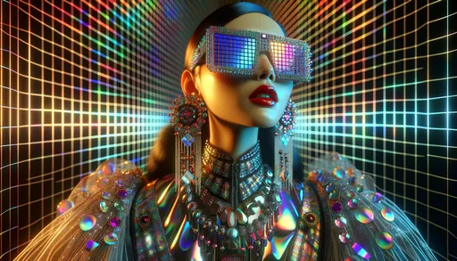 Prompt: 3D render of a futuristic woman in a 3D environment, draped in glistening, iridescent clothing and ornaments. Her expansive sunglasses, intricately designed, mirror a grid pattern that also appears in her backdrop. The attire seamlessly blends with the radiant digital shades, while her vivid red lips stand out as a stark contrast amidst the spectrum of colors.