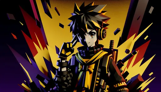 Prompt: an anime cartoon girl posing, in the style of Toonami, with a hard edge aesthetic. The colors are predominantly dark black and yellow, inspired by Japanese prints. The background features dark purple and red hues with jagged edges, giving a sense of untrained artistic expression. This image should have a 3D render appearance, adding depth and realism to the anime character and background, in a wide ratio.