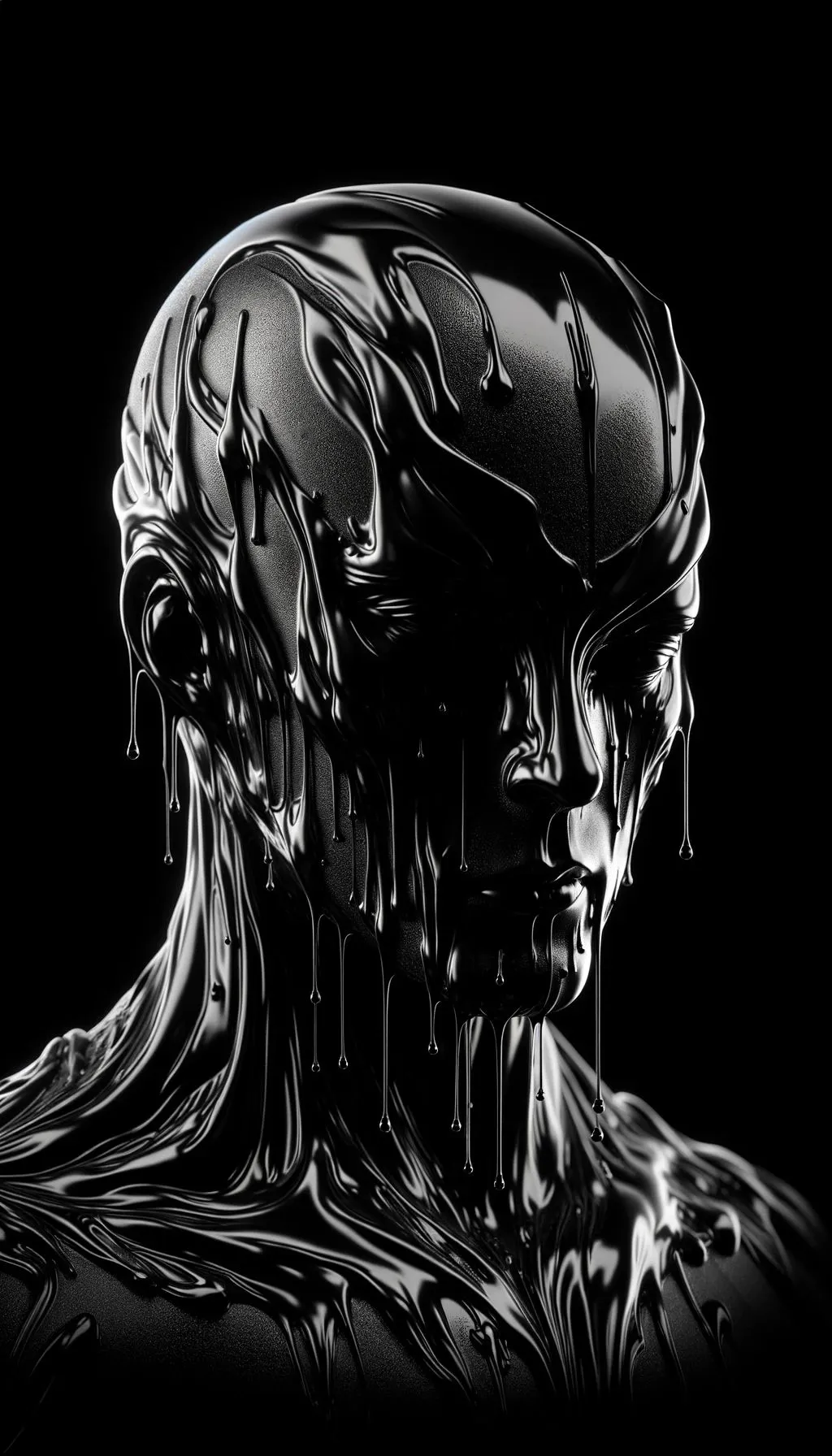 Prompt: Craft a tall, detailed image of a humanoid figure with a glossy, liquid-like surface that gives the appearance of being coated in black oil. The figure should have a smooth, almost sculptural quality, with a face that bears a solemn expression. The top of the head should resemble a helmet with a subtle arrow-like design, and the surface should glisten with droplets of the viscous substance, suggesting recent emergence from a liquid environment. Features like the eyes, nose, and mouth should be gently suggested rather than fully defined, lending an air of mystery. The figure's hair should be replaced with thick, oil-coated tendrils that fall heavily around the shoulders and back, adding to the gravity of the image. The background should be pitch black to enhance the dark, monochrome aesthetic and to make the figure the sole focus of the composition.