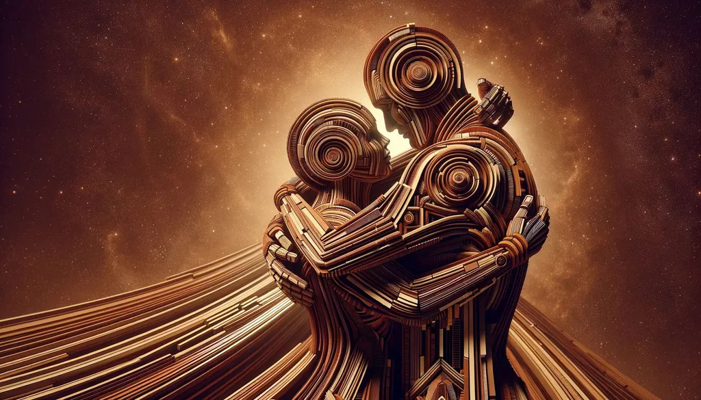 Prompt: Produce a 3D illustration that emulates a raw photo look, featuring a sci-fi fusion concept where a couple made of bronze and brown vector blocks are hugging in space. The style should be reminiscent of the work of a wood sculptor like Emek Golan, with symmetrical harmony and intricate stripes and shapes. The image should have the natural, unedited look of a raw photo, with fine details, realistic textures, and lighting that creates a sense of depth and dimensionality, all captured in a wide ratio.