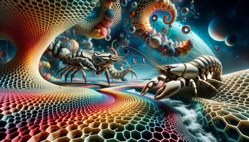 Prompt: Wide image portraying a dreamlike realm filled with creatures that blur the line between biological and mechanical. These entities, reminiscent of lobsters and scorpions, are exquisitely detailed, blending seamlessly with the environment. The backdrop swirls with honeycomb patterns, shifting through a rainbow of colors, emphasizing the harmonious coexistence of nature and machine.