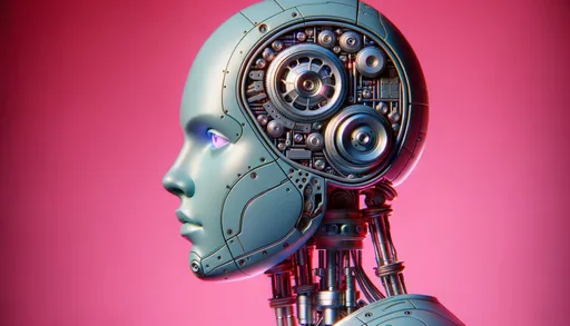 Prompt: A highly detailed android head, designed with intricate circuitry and mechanical components, is showcased in profile. The robot's smooth, pale blue face contrasts with the complex machinery inside, set against a vibrant pink background.