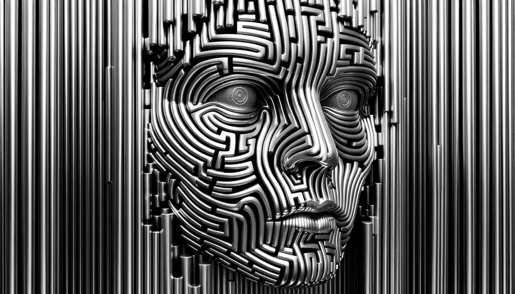 Prompt: A chrome-like face adorned with intricate maze patterns emerges from a cascade of vertical metallic rods. The solemn eyes seem sentient, juxtaposed against the lifeless, labyrinthine surface.