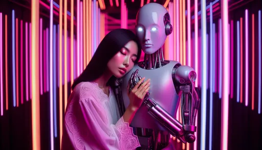 Prompt: Photo of a serene woman of Asian descent embracing a techpunk robot amidst a backdrop of neon lights in hues of light orange and magenta, capturing the essence of hyper-realistic portraiture.