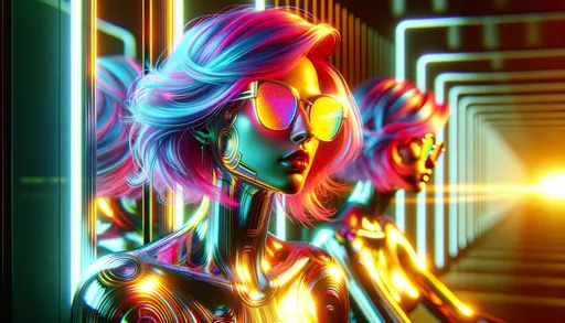 Prompt: 3D render of a contemporary female figure with vibrant neon-colored hair and glasses. The 8k 3D style showcases intricate details, and the scene is illuminated by a radiant golden light. Panfuturism influences are evident, and the chrome reflections amplify the visual appeal. The image feels like a colorful portrait crafted with cutting-edge techniques.