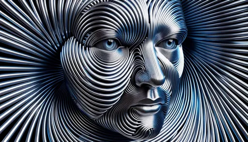 Prompt: 3D representation of a face encased by twirling designs of radiant blue chrome lines, producing rhythmic contrasts of shade and light. The eyes, deep and thoughtful, pierce through the shiny digital enclosure, suggesting an amalgamation of human depth and lustrous mechanical construct.