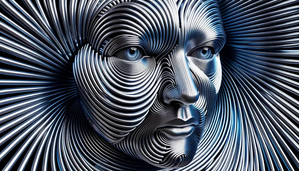 Prompt: 3D representation of a face encased by twirling designs of radiant blue chrome lines, producing rhythmic contrasts of shade and light. The eyes, deep and thoughtful, pierce through the shiny digital enclosure, suggesting an amalgamation of human depth and lustrous mechanical construct.