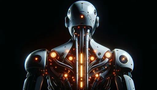 Prompt: A 3D render showcasing a sophisticated robot in the vast darkness, its sleek white design illuminated by neon-orange glows. The image focuses on the complex detailing of pulsating lights and tubular structures, enhancing the robot's intelligent and mysterious aura.