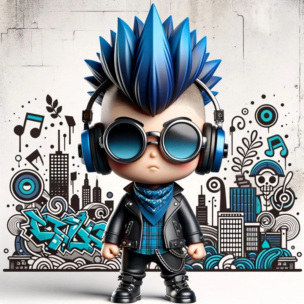 Prompt: Design an artistic 3D render of a chibi character featuring a striking blue mohawk, large goggles, and headphones. The attire should be punk-inspired, with the character set against a stylized urban graffiti backdrop, including silhouettes of city buildings and artistic representations of street elements.