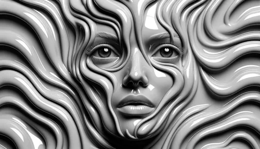 Prompt: The image depicts a surreal, monochromatic visage of a woman submerged in wavy, fluid-like patterns. Her features are accentuated with glossy, reflective textures, and her eyes are dramatically darkened, contrasting against her porcelain ski in wide ratio.
