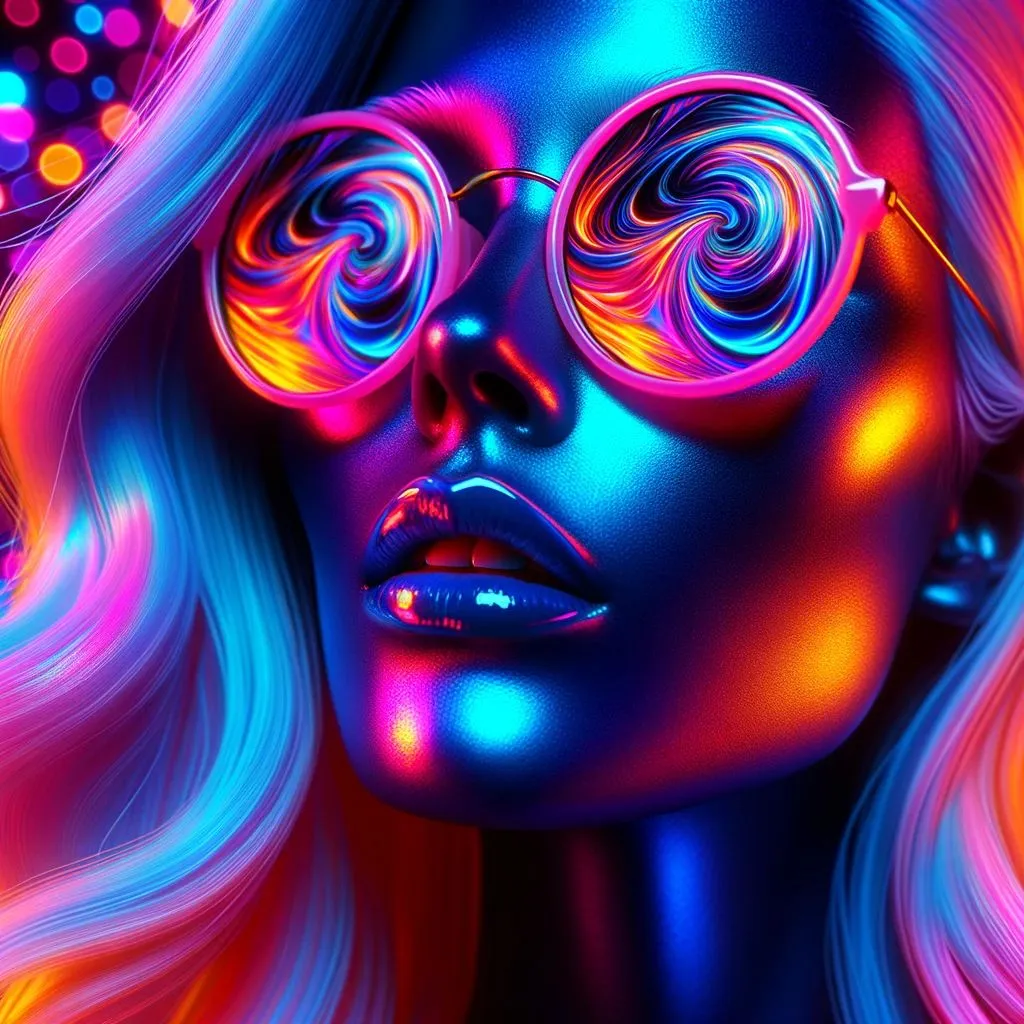 Prompt: A vividly colored digital portrait showcases a woman with luminescent skin tones of blue, pink, and orange. She dons oversized sunglasses reflecting a swirling world of vibrant hues. Her expression is contemplative, lips slightly parted, against a glowing neon backdrop.