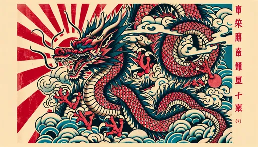 Prompt: old fashion japanese style, tattoos, graffiti, art, japan, manga, retro, manga art, person illustration, japanese artist, in the style of red and azure, dragon art, american iconography, dramatic splendor, political propaganda, paper cut-outs, figura serpentinata in wide ratio