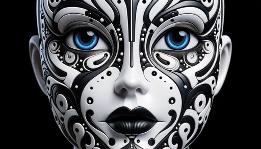 Prompt: Wide image illustrating a face with the refined texture of porcelain, bearing strong resemblance to the shape seen in image 1, adorned with bold black and white geometric patterns. The deep blue eyes, with robotic pupils, gaze out, set amidst the stark contrast of the monochrome designs. Lustrous black lips and a continuation of matching patterns perfect the visage.