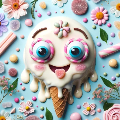 Prompt: A whimsical, melting ice cream face lies on a soft blue backdrop, adorned with candy eyes, eyebrows, and a vivacious smile. The dripping confection is surrounded by pastel flowers, candy pieces, and fragrant herbs, creating a playful and vibrant tableau.