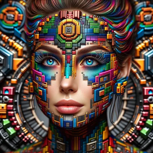 Prompt: A highly advanced, three-dimensional looking 8-bit style makeup, with even more complex and intricate pixelated designs, vibrant and varied colors, and multi-layered blocky shapes. This makeup should create an almost 3D effect, pushing the boundaries of the 8-bit aesthetic into a new realm, resembling a fusion of old video game graphics with modern 3D art. The person's facial expression should be engaging and dynamic, further enhancing the striking visual effect. The background should be rich and interactive, with elements that echo the makeup's advanced 3D pixelated style.
