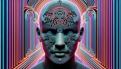 Prompt: Wide render of a 3D person of Hispanic descent with maze-like designs on their forehead, blending the themes of interference patterns and neon-lit art nouveau. The strong facial expression is the highlight amidst the symmetrical surreal surroundings.