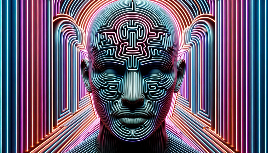 Prompt: Wide render of a 3D person of Hispanic descent with maze-like designs on their forehead, blending the themes of interference patterns and neon-lit art nouveau. The strong facial expression is the highlight amidst the symmetrical surreal surroundings.