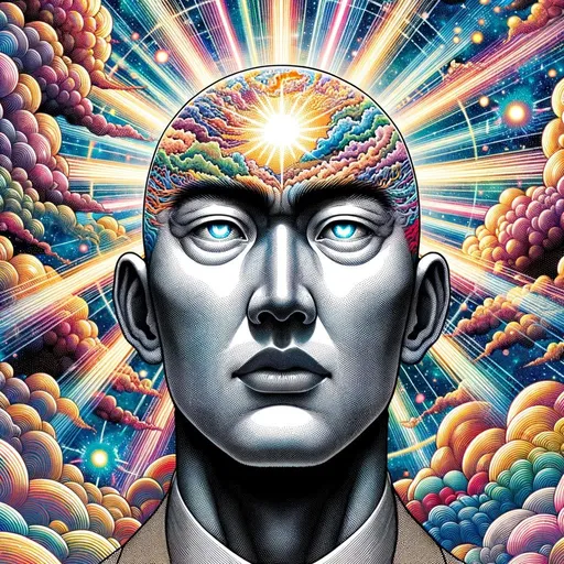 Prompt: An illustration depicting a face of a man with East Asian descent with a glowing effect over his head. The background showcases a detailed sky filled with colorful, psychedelic manga-style explosions.