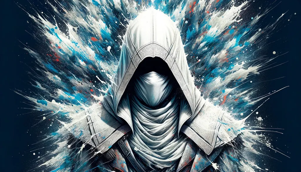 Prompt: The image showcases a mysterious figure cloaked in a white hood, their face concealed in shadow. The figure's attire is intricately wrapped around them, and they're set against an explosive backdrop of splattered blue and white hues.