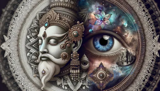 Prompt: Digital art of a dreamlike woman embellished with detailed forehead jewelry, in tandem with a monstrous visage having a standout eye. The setting showcases enigmatic patterns that blend the duo.