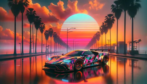 Prompt: Create an image of a sports car with a vibrant, geometric patterned wrap parked on a reflective surface. The background should feature palm trees silhouetted against a radiant sunset sky with orange, pink, and yellow hues. The atmosphere should evoke a retro-futuristic vibe reminiscent of 1980s aesthetics, with exaggerated digital effects to enhance the colors. The setting is a serene boulevard that suggests a quiet evening in a tropical city. The car should be detailed with a sleek design, hinting at high performance and luxury.