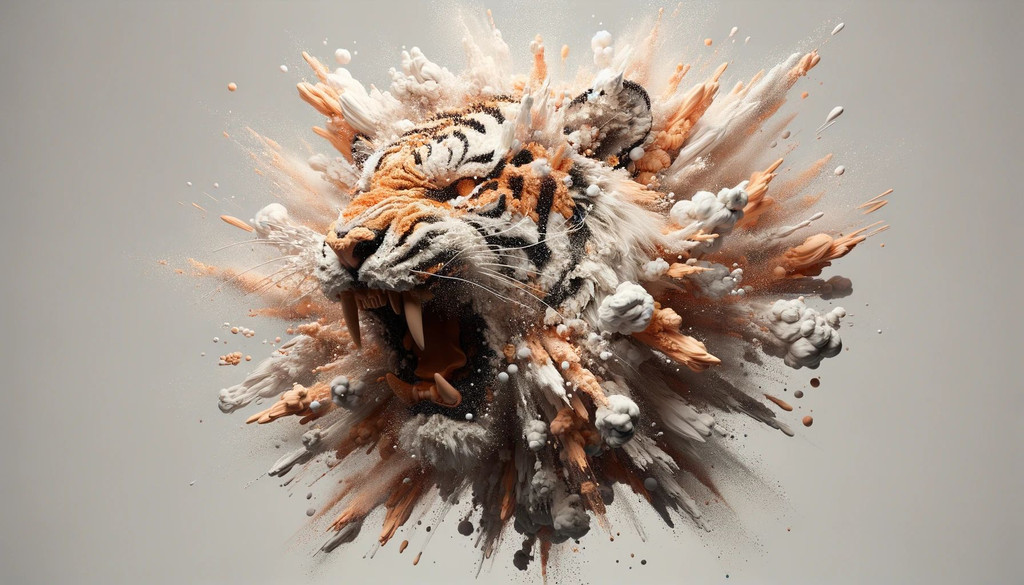 Prompt: Explosively chaotic depiction of a tiger's head, 3d rendered with light orange and white hues. Sparkles add to the theatrical vibe, showcasing the raw power and beauty of wildlife.