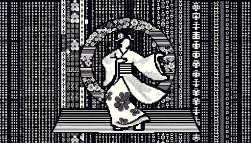 Prompt: Wide image of a vector-designed ASCII girl in a dancing pose. The backdrop is adorned with scrolling ASCII art, giving a retro and digital feel to the composition.