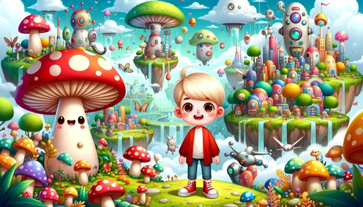 Prompt: A cheerful blonde boy in red attire stands prominently in a vibrant, whimsical world teeming with curious creatures, floating islands, and playful structures. Mushrooms with faces, flying fish, and robotic beings contribute to the lively and fantastical atmosphere. The backdrop is a blend of floating landscapes, cascading waterfalls, and a serene sky.