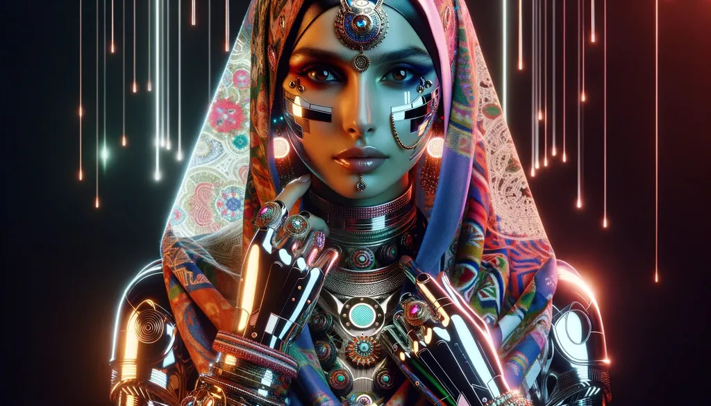 Prompt: Photo render of a woman with diverse Middle Eastern descent showcasing a blend of futuristic cyberpunk attire and traditional jewelry, illuminated by a mix of neon and natural lights, with elements reminiscent of Indian pop art and chrome aesthetics in wide ratio.