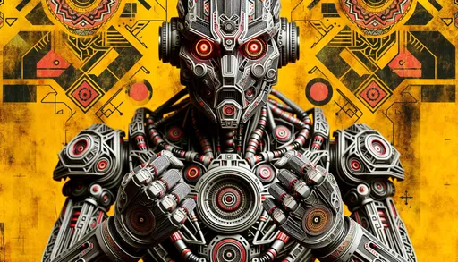 Prompt: Render of a robot, its design a fusion of old-world tribal patterns and futuristic tech. It boasts a detailed geometric head, striking red eyes, and fists that indicate readiness. The mustard grunge background is highlighted with abstract designs.