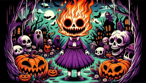 Prompt: A Halloween scene in wide ratio where a young girl in a purple outfit has an eerie flaming face. The environment is filled with chilling creatures, and the style is characterized by bold, exaggerated cartoonish lines.