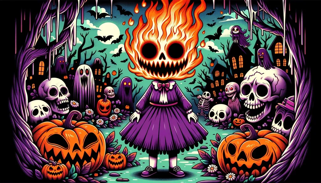 Prompt: A Halloween scene in wide ratio where a young girl in a purple outfit has an eerie flaming face. The environment is filled with chilling creatures, and the style is characterized by bold, exaggerated cartoonish lines.