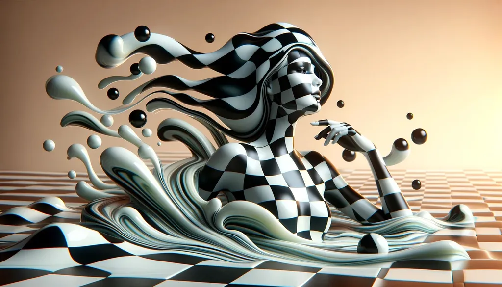 Prompt: Checkerboard lady emerge from the wavy checkerboard liquid in wide ratio