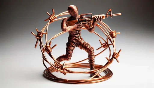 Prompt: barbwire copper human figurine