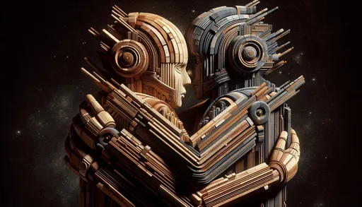 Prompt: Produce a 3D illustration that emulates a raw photo look, featuring a sci-fi fusion concept where a couple made of bronze and brown vector blocks are hugging in space. The style should be reminiscent of the work of a wood sculptor like Emek Golan, with symmetrical harmony and intricate stripes and shapes. The image should have the natural, unedited look of a raw photo, with fine details, realistic textures, and lighting that creates a sense of depth and dimensionality, all captured in a wide ratio.