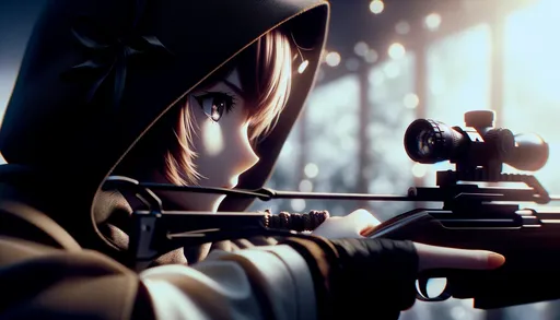 Prompt: Wide image capturing a focused anime girl wearing a cloak. The close-up highlights the intricate details of her face and the crossbow she's aiming. The ambiance is charged with anticipation.