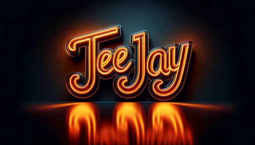 Prompt: Bold 3D text of "Tee Jay" in radiant neon orange, casting a vibrant glow on a sleek black mirror background in wide format