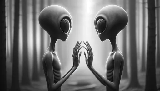 Prompt: An artistic raw photo depicting two slender, minimalist alien figures with oversized round eyes in grayscale, their hands reaching out towards one another in a silent greeting, set against a blurred background to enhance focus.