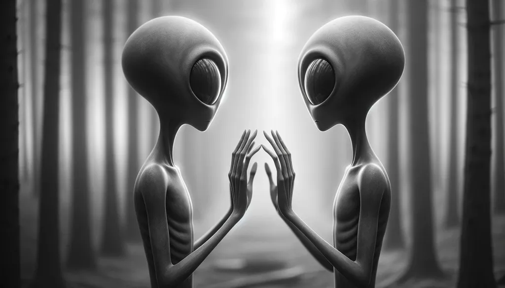 Prompt: An artistic raw photo depicting two slender, minimalist alien figures with oversized round eyes in grayscale, their hands reaching out towards one another in a silent greeting, set against a blurred background to enhance focus.